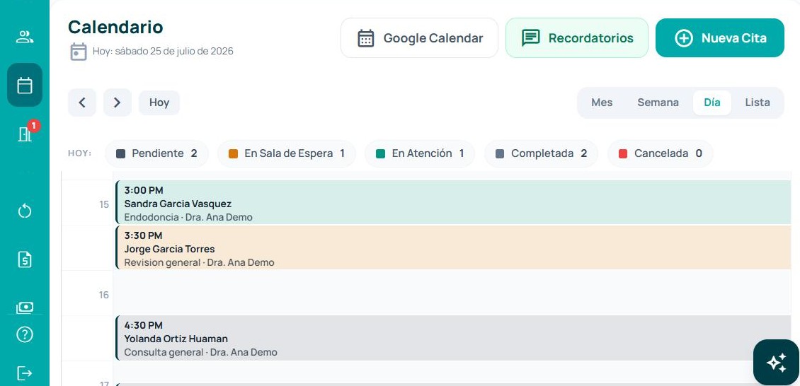Agenda del día en AmperDent, con las citas por hora y su estado.