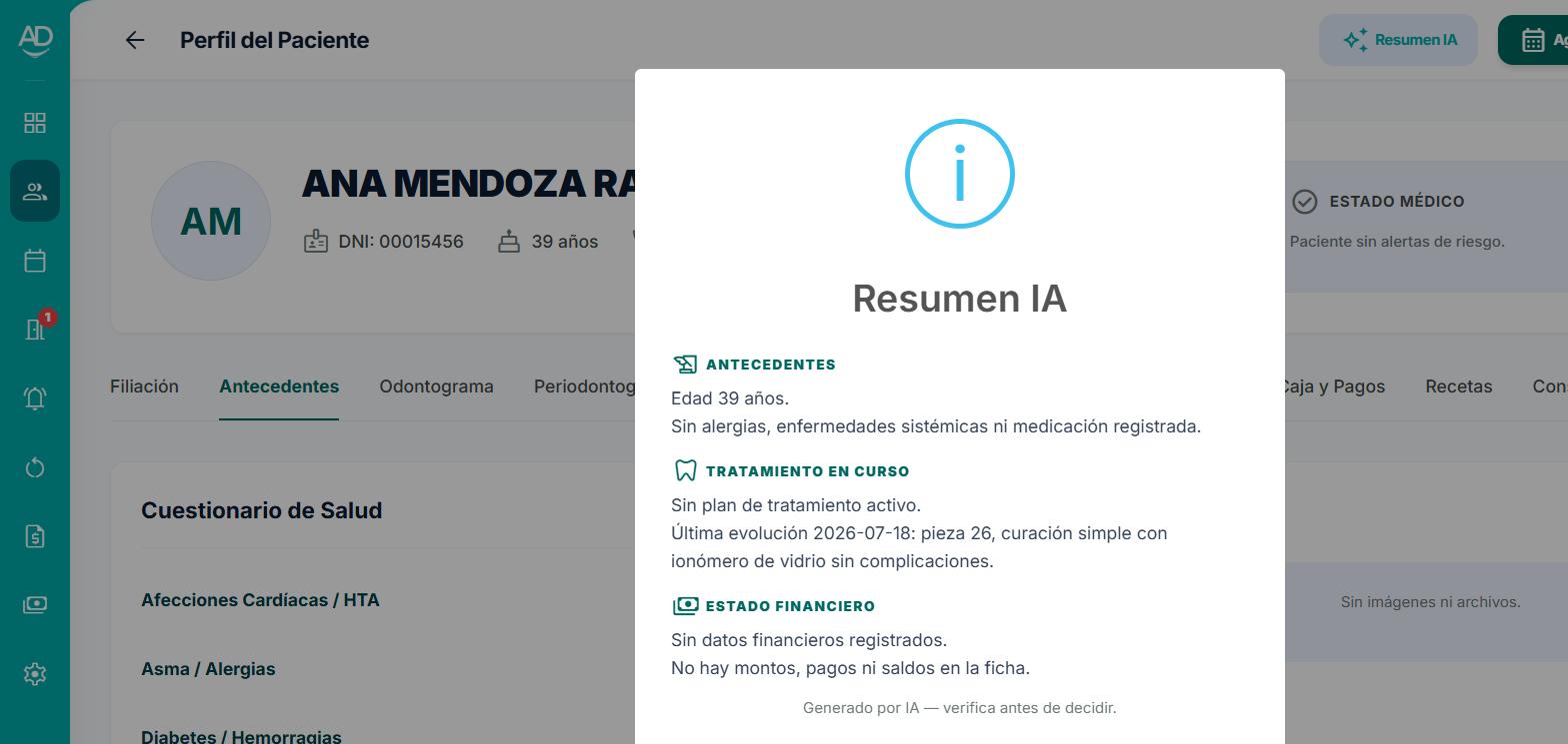 Copiloto con IA de AmperDent redactando el resumen del día.